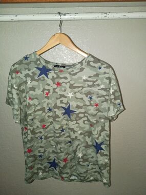 Camo Star Print Tee - Green with Red, Blue & White Stars